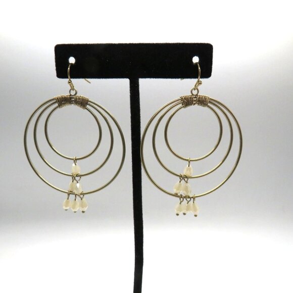 Hoop Earrings Gold Tone Triple Wire Dangle White Beads Accents - Picture 1 of 7